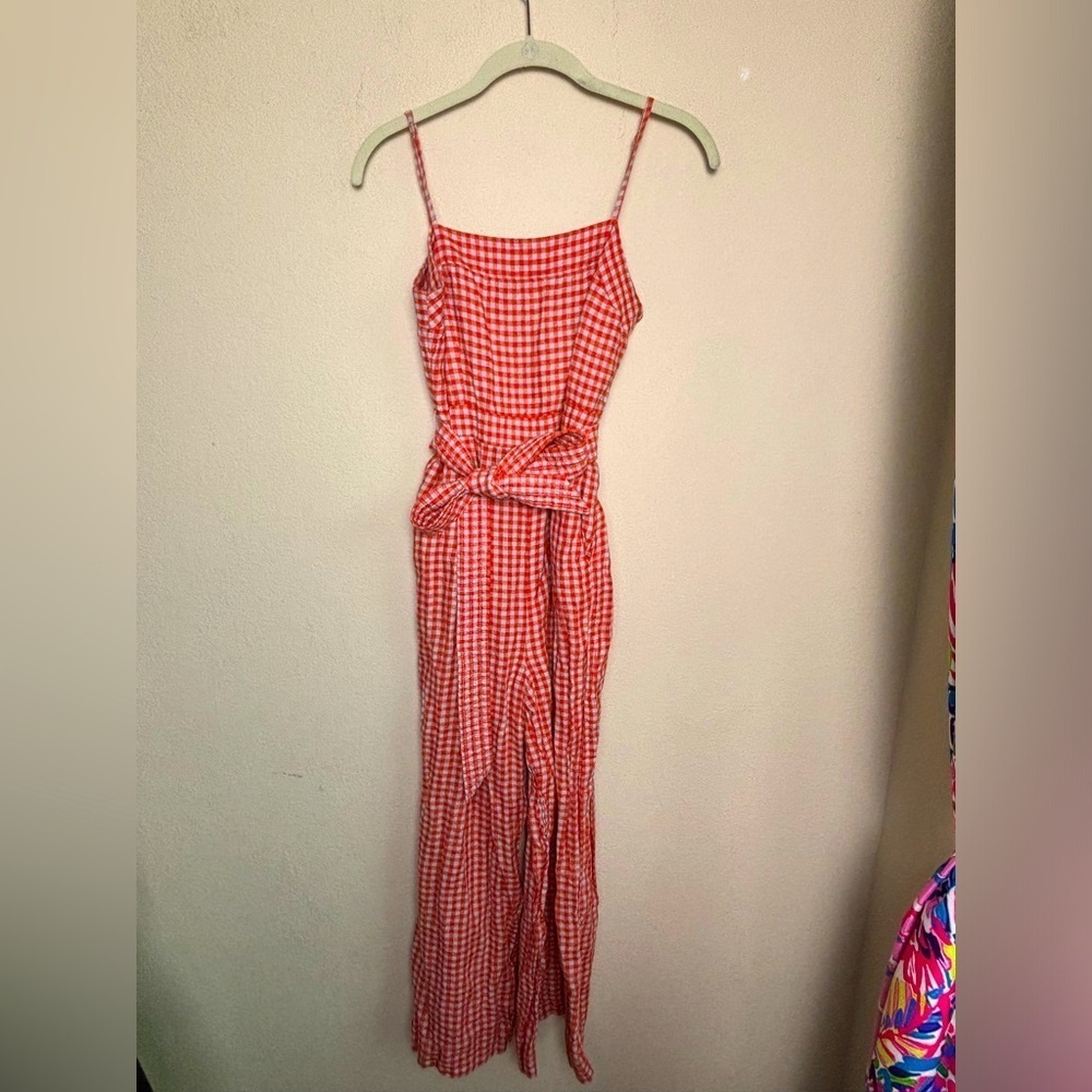 J. Crew 100% Linen Red & Gray Gingham Check Square Neck Jumpsuit With Pockets 4